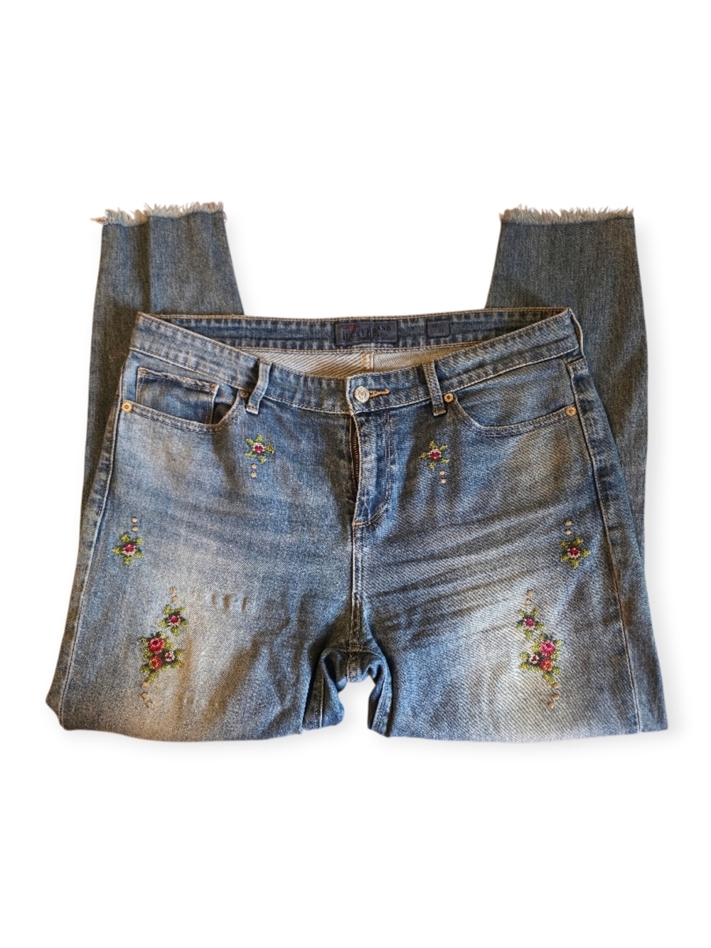 Lucky Brand Embroidered Jeans Size 12/31 Floral Distressed Raw Hem